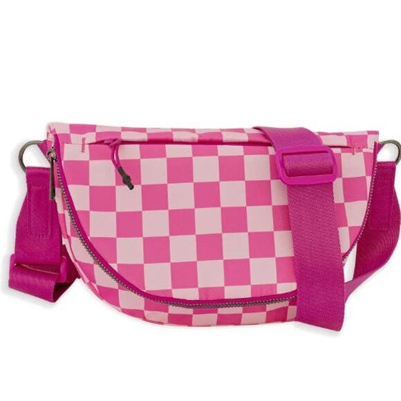 Checkered Nylon Fanny Pack Sling Bags Pink Rose - Picture 1 of 3
